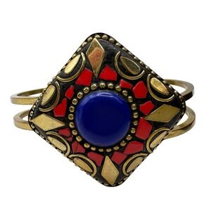 Tibetan Style Brass Bracelet Clamper Red & Blue Artisan Enamel 7.5" Boho